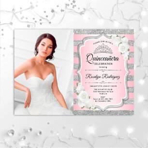 Quinceanera Party With Photo - Silver Pink Invitation