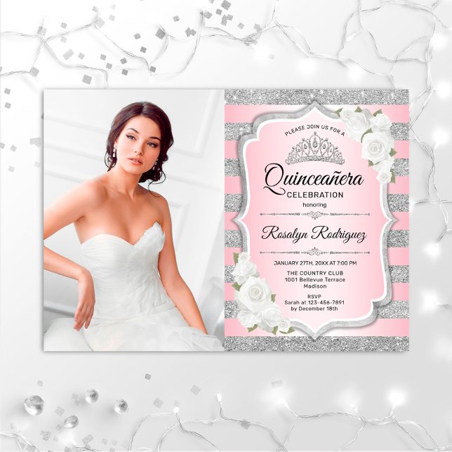 Quinceanera Party With Photo - Silver Pink Invitation (Creator Uploaded)