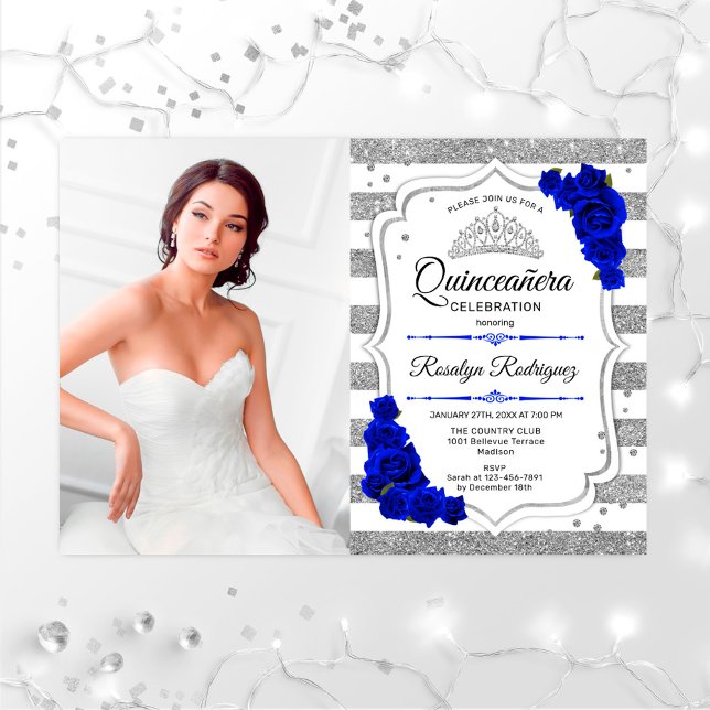 Quinceanera Party With Photo - Silver Royal Blue Invitation (Creator Uploaded)