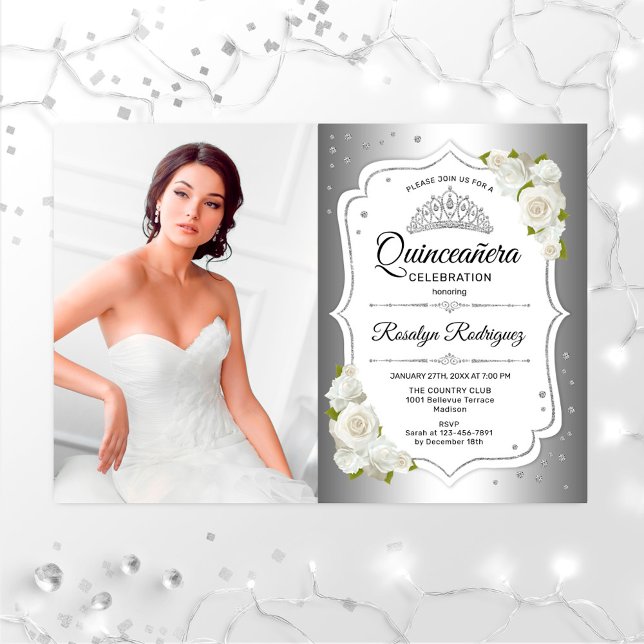 Quinceanera Party With Photo - Silver White Invitation (Creator Uploaded)