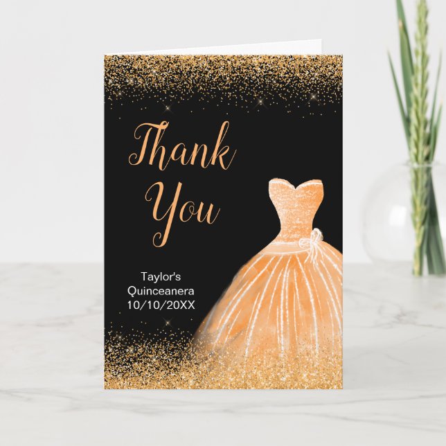 Quinceanera Peach Orange Dress Faux Glitter Thank You Card (Front)