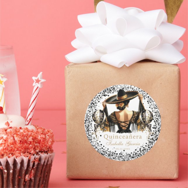 Quinceañera Personalized Luxury Black Gold Mexican Classic Round Sticker (Party)