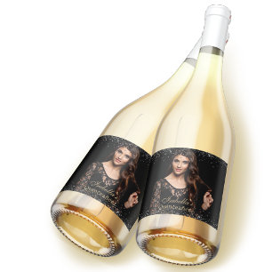 Quinceañera Personalized Photo Luxury Black Gold Sparkling Wine Label