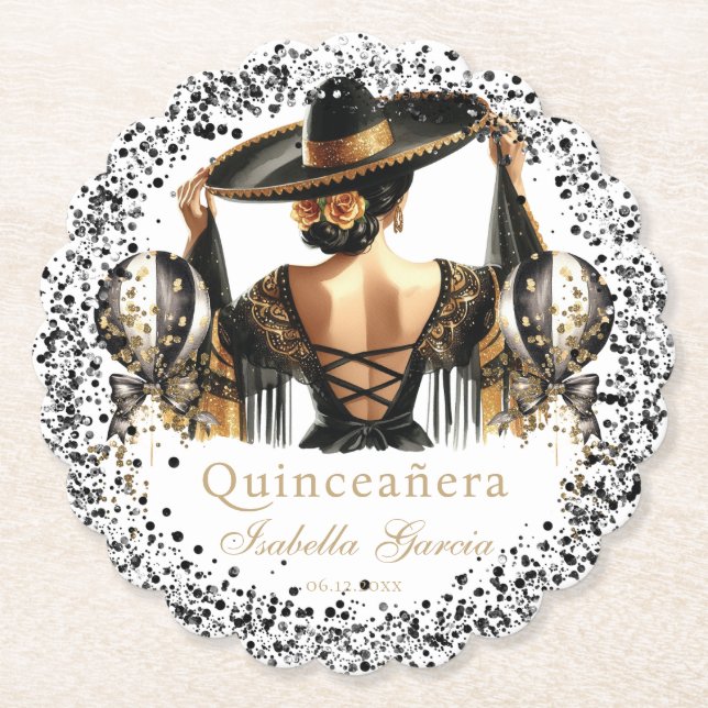Quinceañera Personalized Watercolor Luxury Black Paper Coaster (Front)