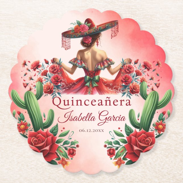 Quinceañera Personalized Watercolor Red Mexican Paper Coaster (Front)