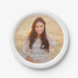 Quinceañera Photo and Modern Trendy White Script Paper Plate
