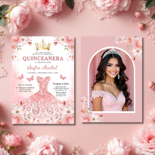 Quinceañera Photo Blush Pink Rose Floral  Invitation (Creator Uploaded)