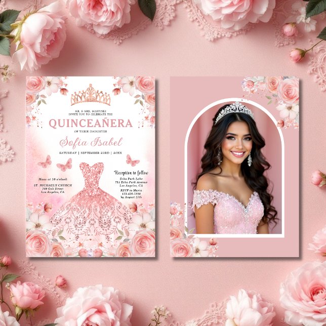 Quinceañera Photo Blush Pink Rose Floral  Invitation (Creator Uploaded)