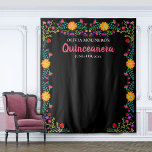 Quinceanera Photo Booth Backdrop Mexican Flowers Tapestry<br><div class="desc">Colourful Quinceanera Party photo booth backdrop, personalized with your name and celebration date. This large black wall hanging is a great size for your photo backdrop, where you can take keepsake snaps of yourself and your guests. The Mexican Fiesta flowers make a lovely floral frame for your photo background. This...</div>