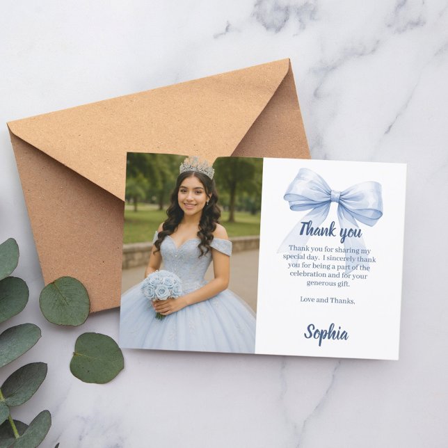 Quinceanera photo bow blue white script thank you card (Creator Uploaded)