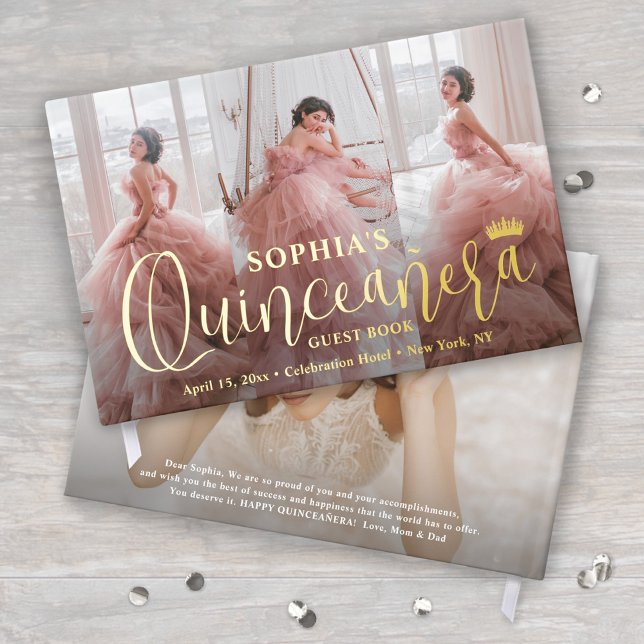 Quinceañera Photo Collage Modern Script Keepsake Guest Book (Creator Uploaded)