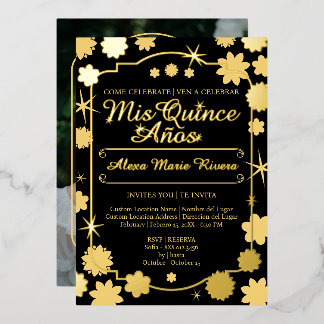 Quinceanera Photo Floral Gold Silver Foil Glam