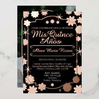 Quinceanera Photo Floral Gold Silver Foil Glam