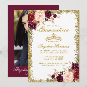 Quinceanera Photo Gold Burgundy Floral Crown Invitation