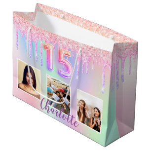 Quinceanera photo holographic pink large gift bag