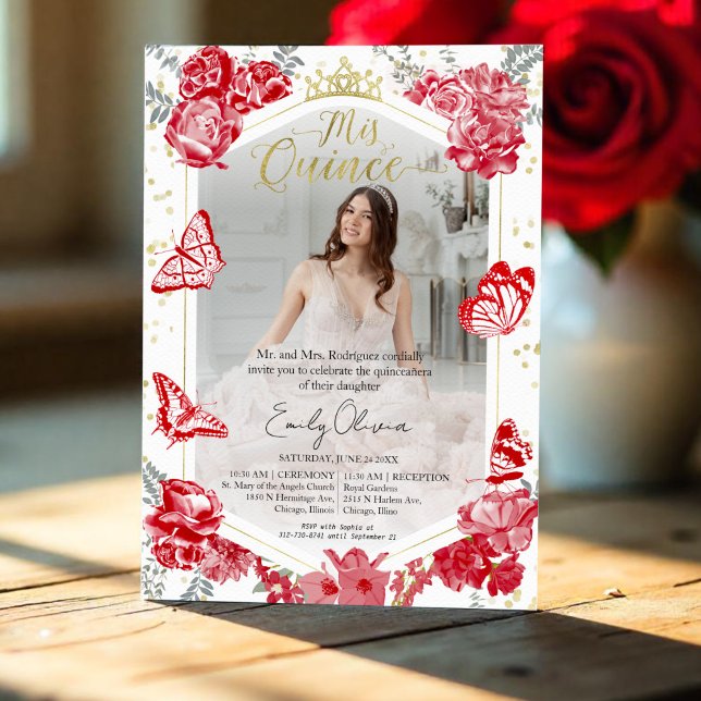 Quinceanera Photo Invitation Red Floral Gold Foil (Creator Uploaded)