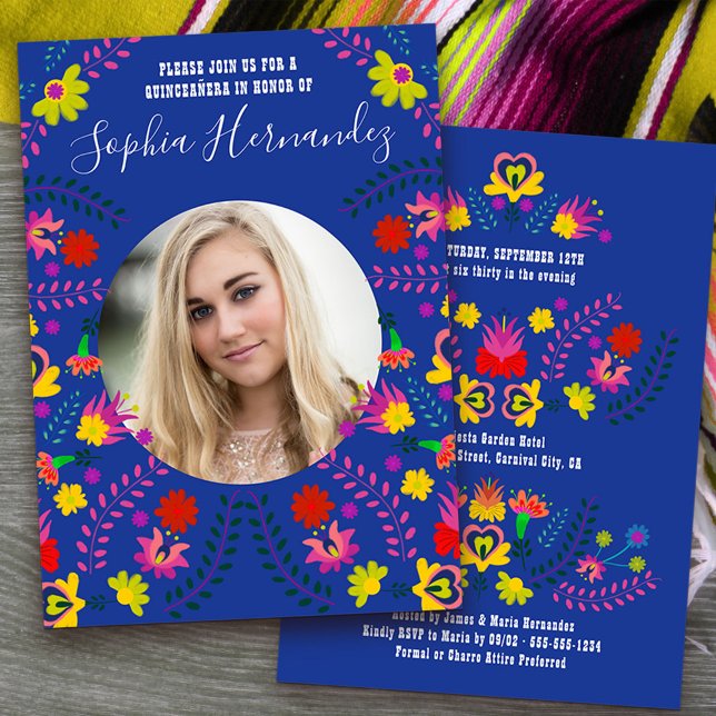 Quinceanera Photo Mexican Fiesta Party Blue Invitation (Quinceanera Invitation with photo from my Mexican Fiesta Party collection)