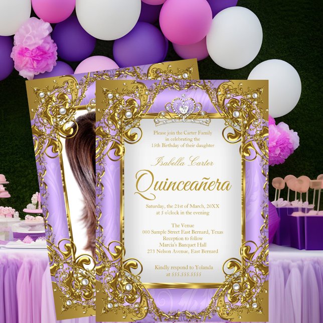 Quinceanera Photo Purple White Golden Pearl Tiara Invitation (Creator Uploaded)