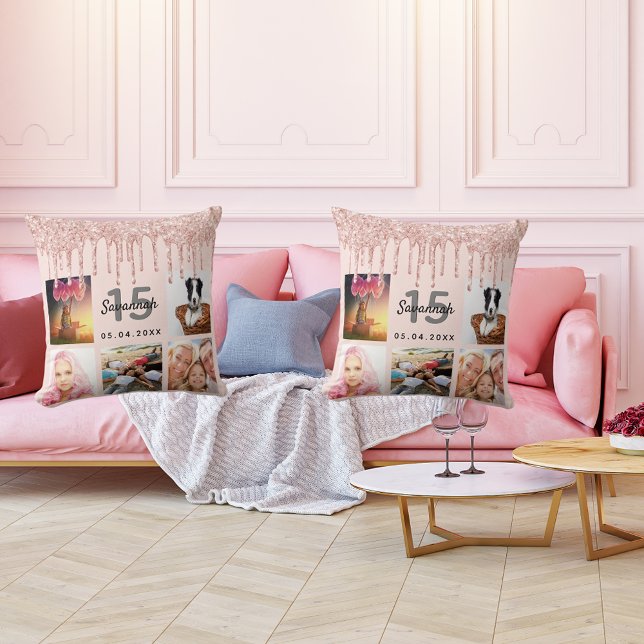 Quinceanera photo rose gold glitter blush pink throw pillow (Creator Uploaded)