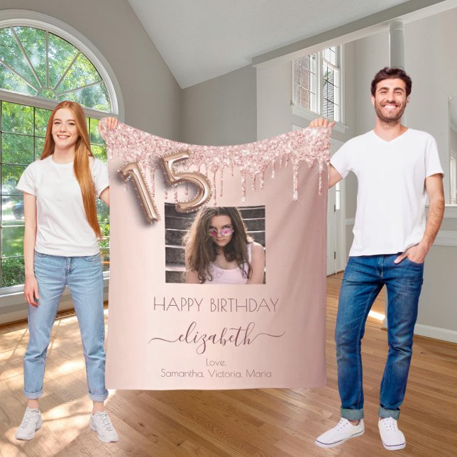Quinceanera photo rose gold glitter pink friends fleece blanket (Creator Uploaded)