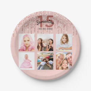Quinceanera photo rose gold pink drips paper plate
