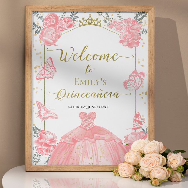Quinceanera Photo Welcome Sign Pink Floral Gold (Creator Uploaded)