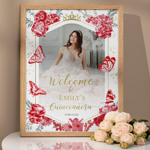Quinceanera Photo Welcome Sign Red Floral Gold
