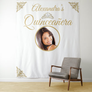 Quinceanera Photo White Gold Tiara Birthday Party Tapestry