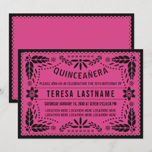 Quinceañera pink black papel picado invitation