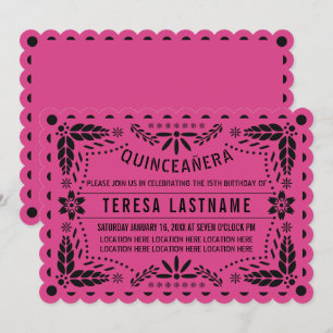 Quinceañera pink black papel picado invitation