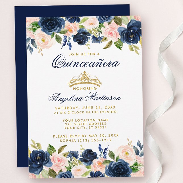 Quinceanera Pink Blue Floral Crown Gold Invite (Customize to change text color, style, add text & photos to back or change color of back of card.)