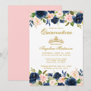 Quinceanera Pink Blue Floral Gold Crown Invitation
