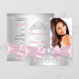 Quinceanera Pink Bow white Pearls Photo Birthday Invitation