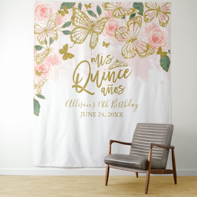 Quinceanera Pink Butterflies Floral Backdrop Tapestry (In Situ)