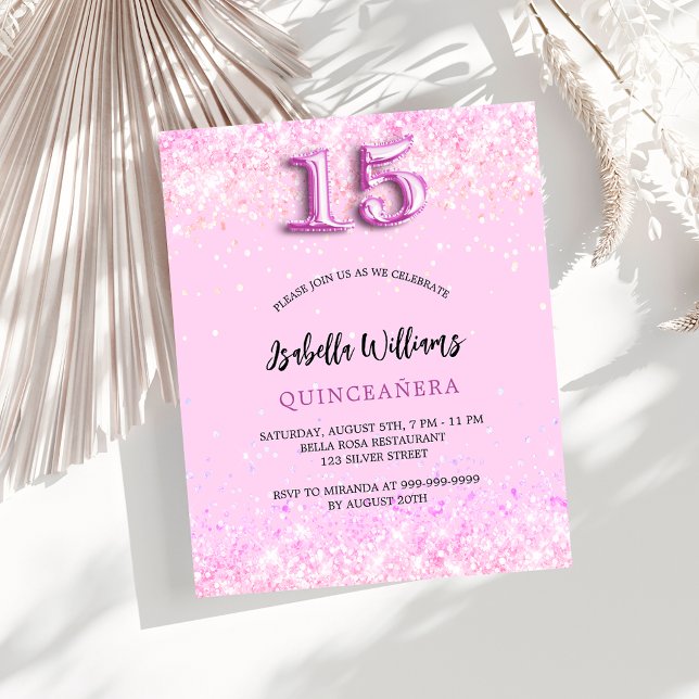 Quinceanera pink confetti budget invitation flyer (Creator Uploaded)