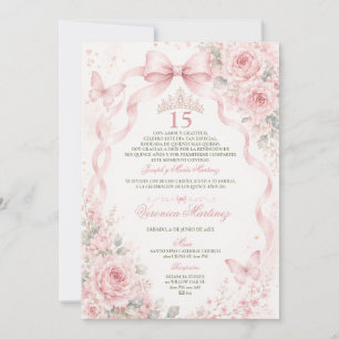 Quinceañera Pink floral 15 Años Princess Tiara Invitation