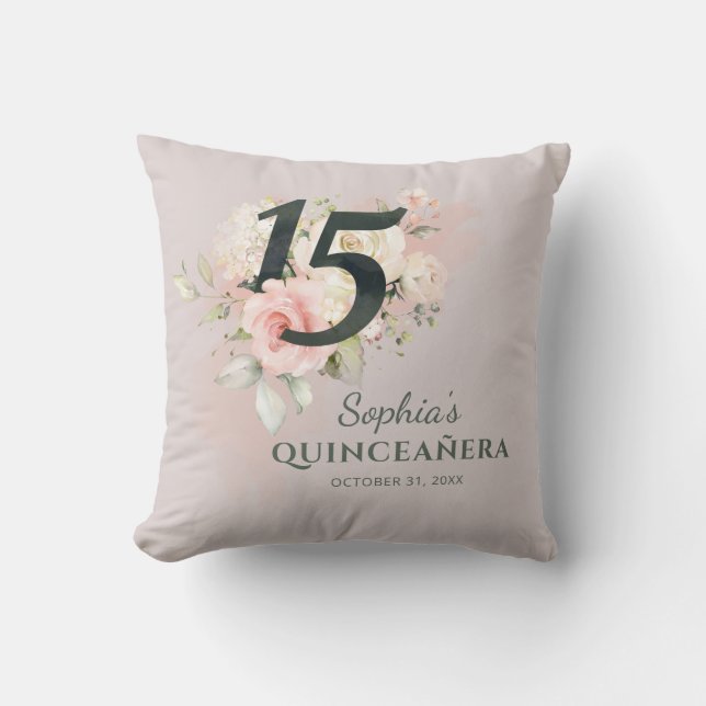 Quinceanera Pink Floral 15th Birthday Throw Pillow (Front)