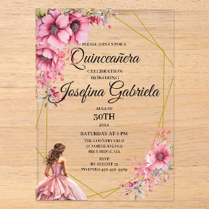 Quinceanera pink floral acrylic invitations