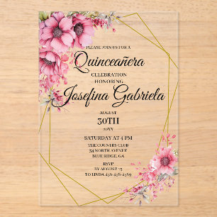 Quinceanera pink floral acrylic invitations