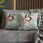 Quinceanera Pink Floral Bloom 15th Birthday Throw Pillow<br><div class="desc">Cute modern yet elegant Quinceañera Mis Quince Anos birthday party throw pillow featuring a rustic floral greenery and pink rose foliage. The template can be easily edited and the text replaced with your own details by clicking the "Personalize" button. For further customization, please click the "Customize Further" link and use...</div>