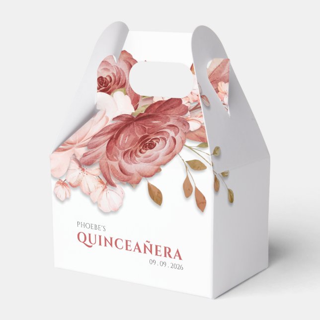 Quinceanera Pink Floral Botanical 15th Birthday Favor Box (Front Side)