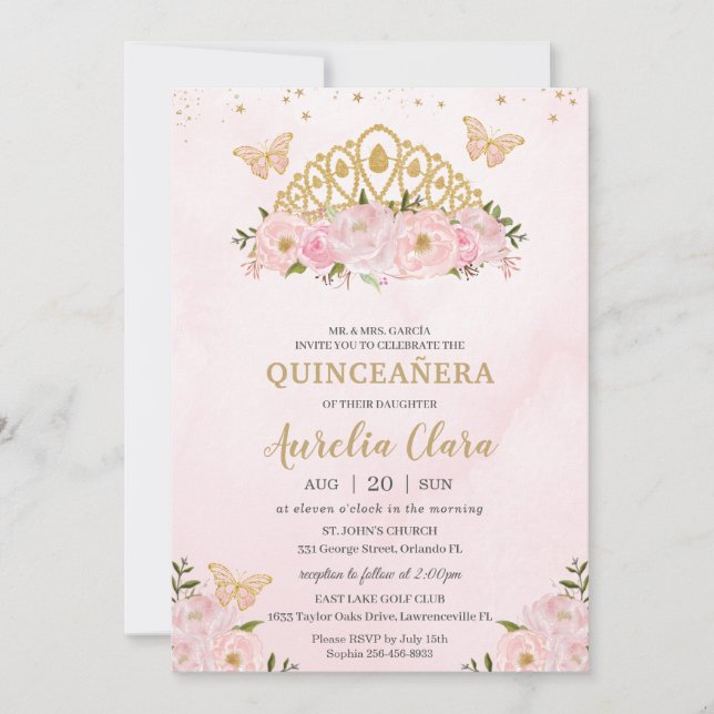 Quinceañera Pink Floral Butterflies Princess Crown Invitation (Front)