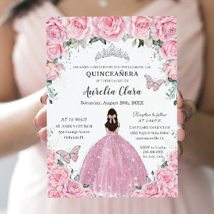 Quinceañera Pink Floral Butterflies Silver Tiara Invitation