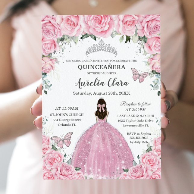 Quinceañera Pink Floral Butterflies Silver Tiara Invitation (Creator Uploaded)