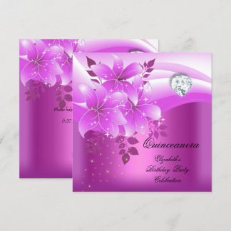 Quinceanera Pink Floral Diamond Birthday Party Invitation