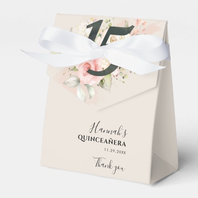 Quinceanera Pink Floral Eucalyptus 15th Birthday Favor Box (Front Side)