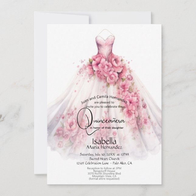 Quinceañera | Pink Floral Gown Invitation (Front)
