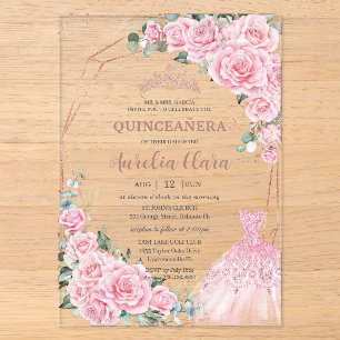 Quinceanera Pink Floral Princess Dress Rose Gold Acrylic Invitations
