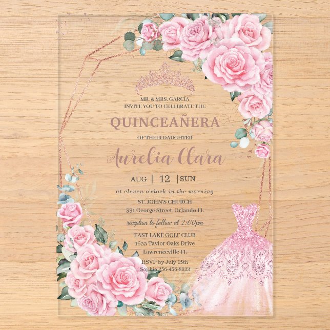 Quinceanera Pink Floral Princess Dress Rose Gold Acrylic Invitations (Front)