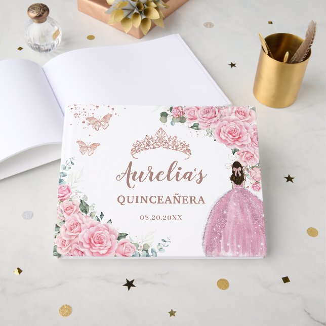 Quinceanera Pink Floral Roses Princess Rose Gold Guest Book (Front Open)